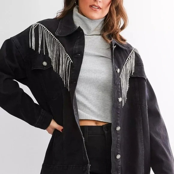 Cowgirl Rhinestone Fringe Black Denim Jacket, VEVERET sz 18. Trucker Glam Biker - Picture 1 of 11